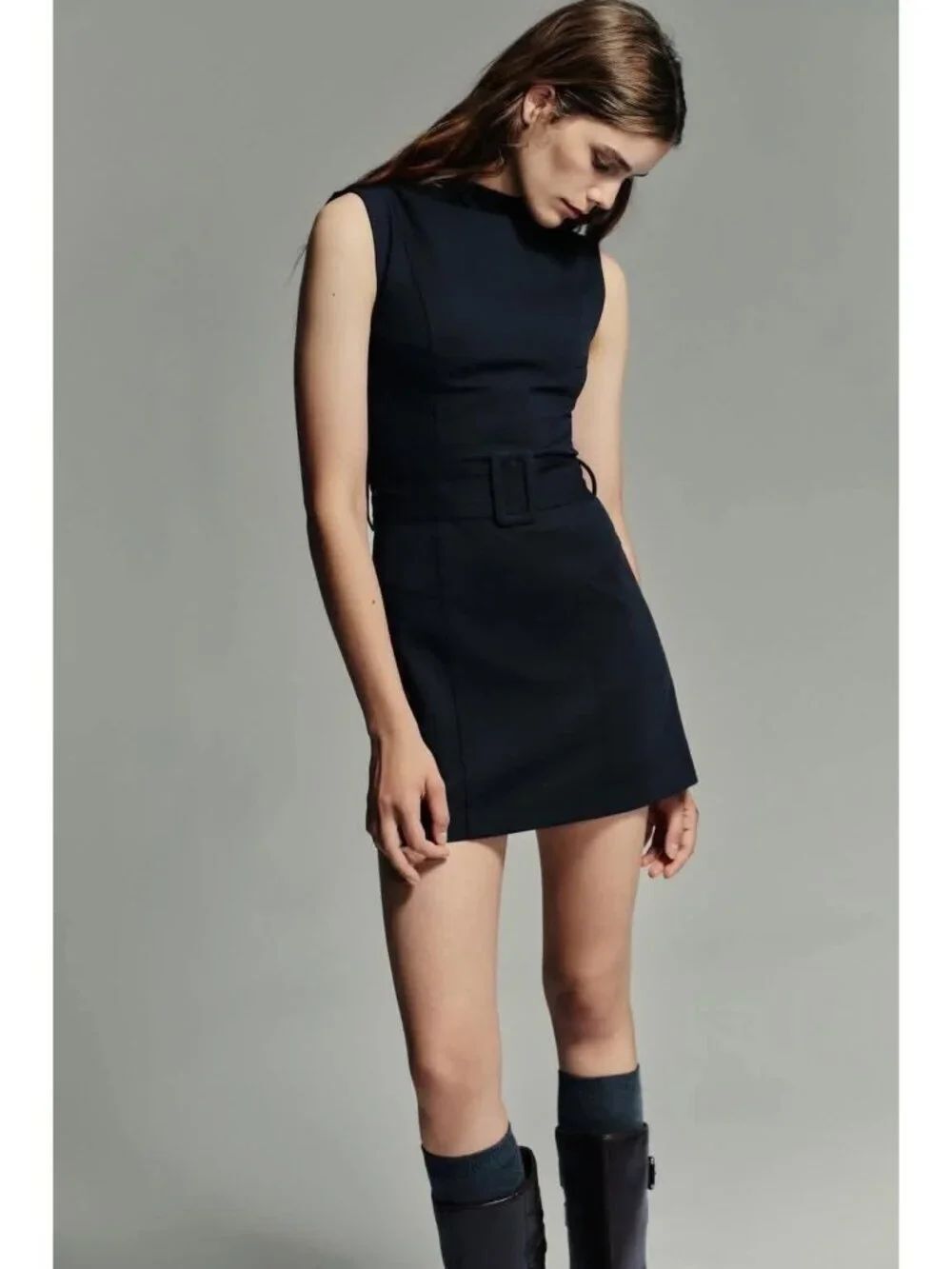 ZaraโWomens Mini Dress Large Navy Blue Sleeveless Belted Stretch 2180/252 NWT